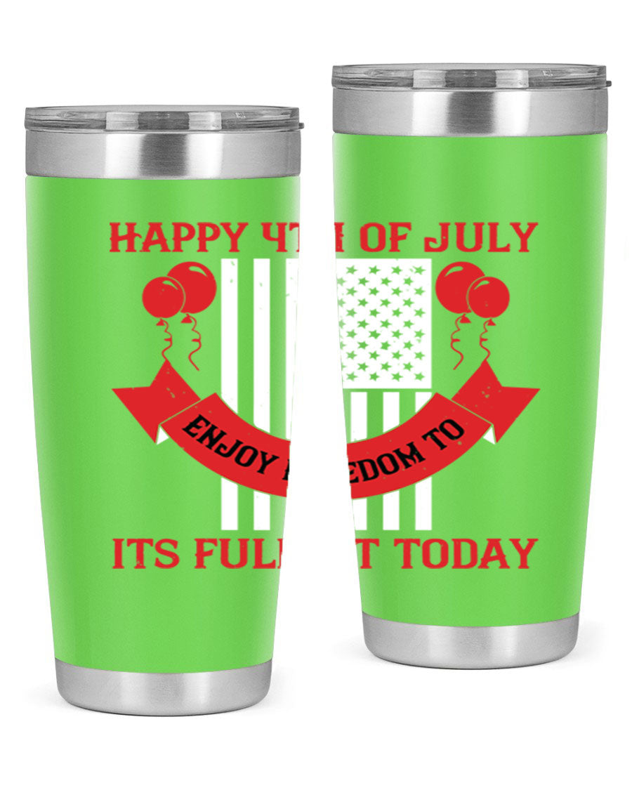 Happy 4th of July tumblers in 20oz and 30oz sizes, showcasing double wall vacuum stainless steel design with patriotic prints.