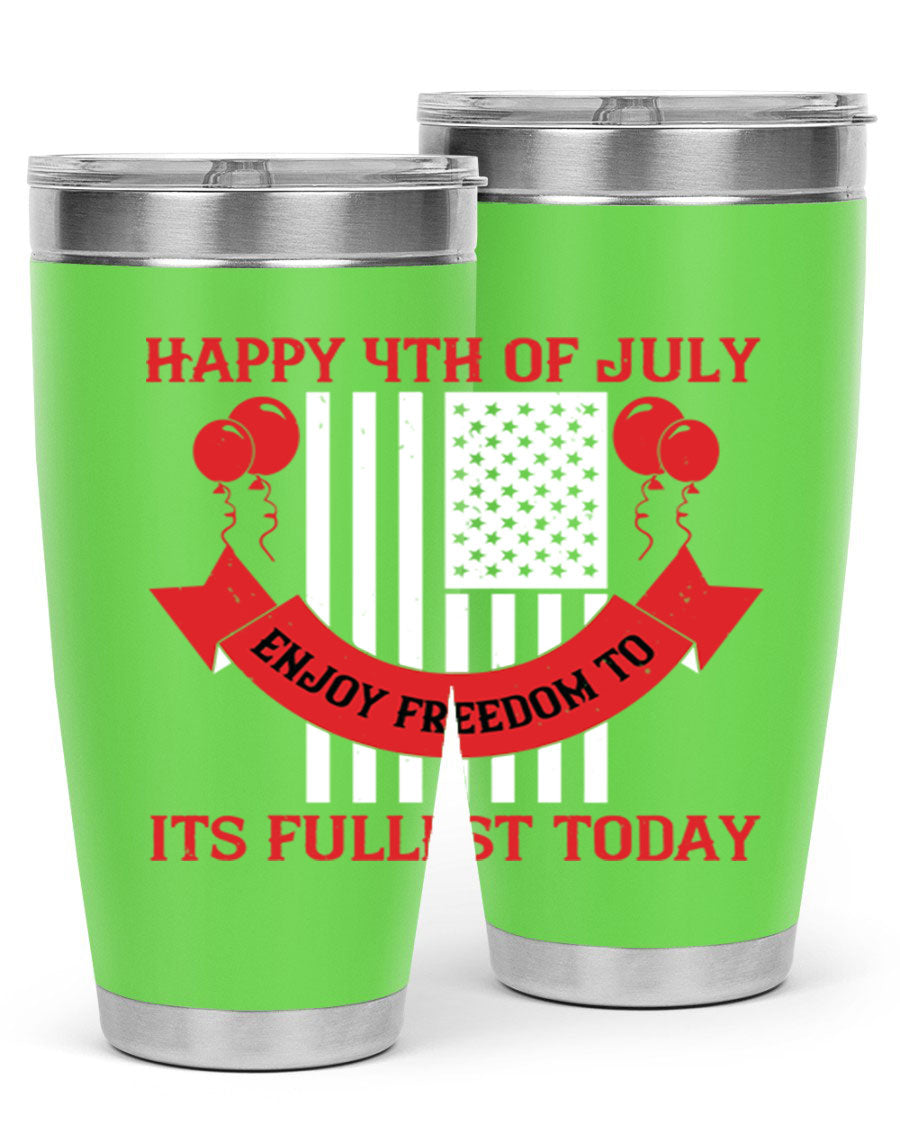 Happy 4th of July tumblers in 20oz and 30oz sizes, showcasing double wall vacuum stainless steel design with patriotic prints.