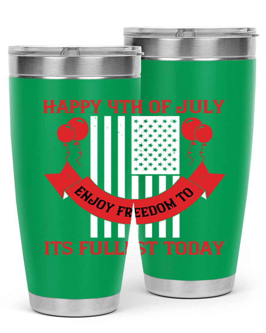 Happy 4th of July tumblers in 20oz and 30oz sizes, showcasing double wall vacuum stainless steel design with patriotic prints.