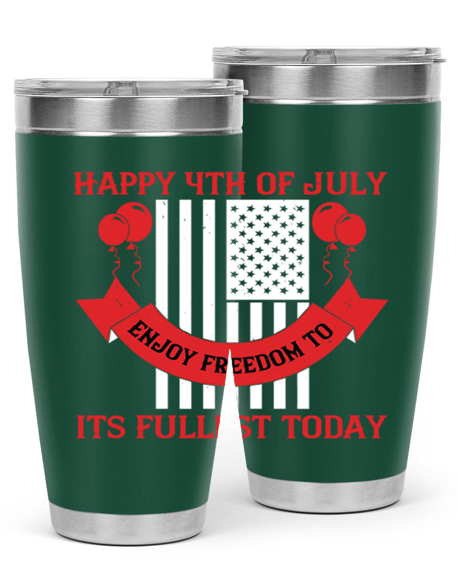 Happy 4th of July tumblers in 20oz and 30oz sizes, showcasing double wall vacuum stainless steel design with patriotic prints.