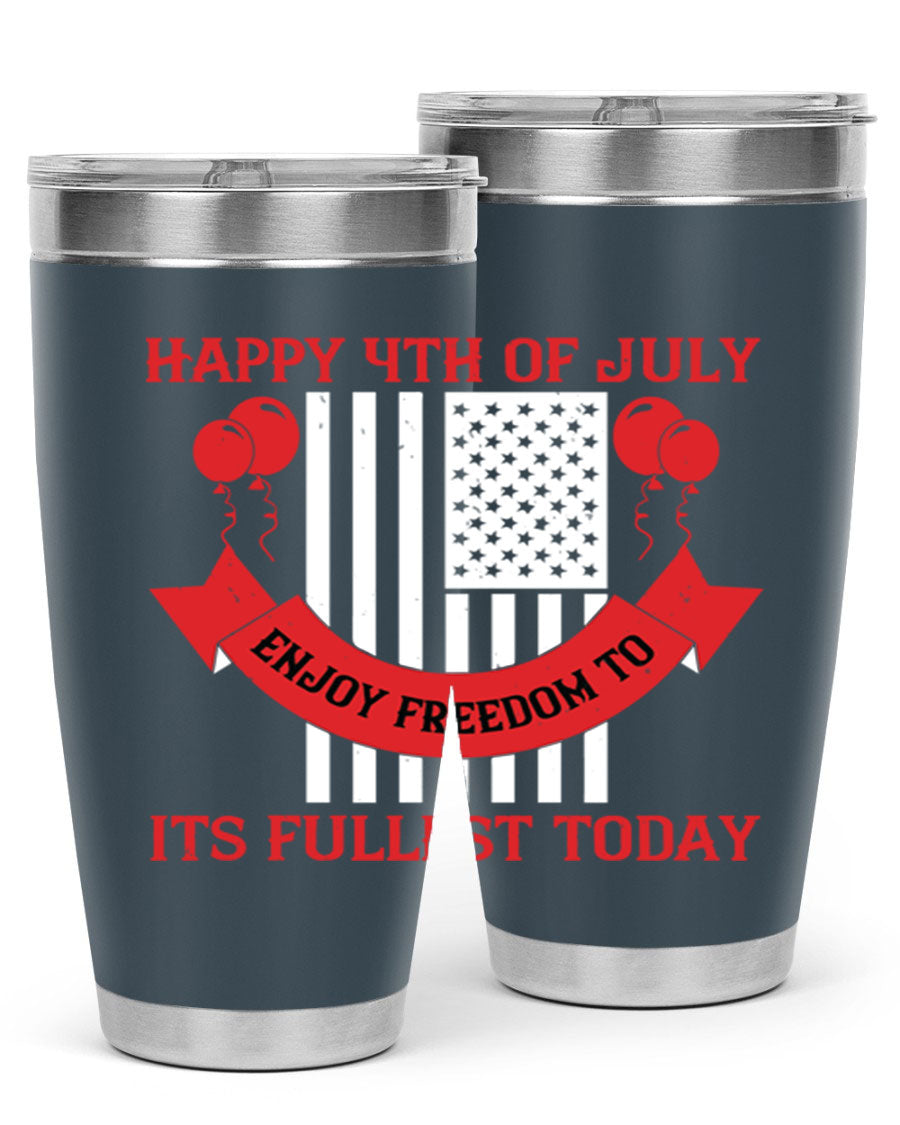 Happy 4th of July tumblers in 20oz and 30oz sizes, showcasing double wall vacuum stainless steel design with patriotic prints.