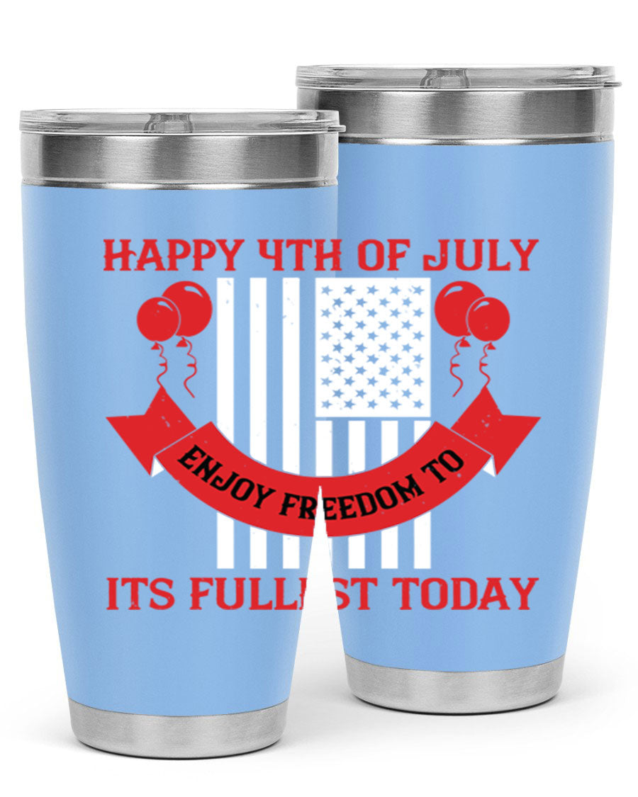 Happy 4th of July tumblers in 20oz and 30oz sizes, showcasing double wall vacuum stainless steel design with patriotic prints.