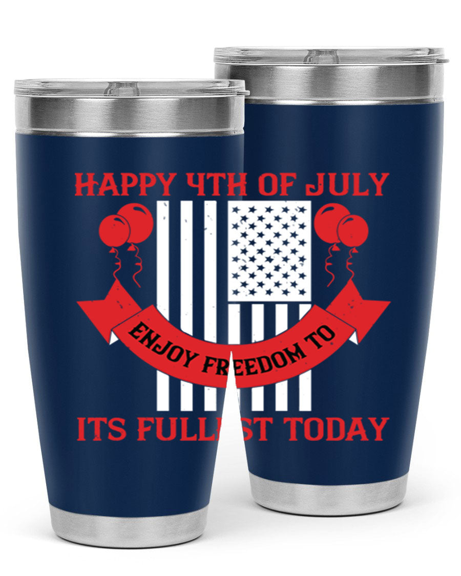 Happy 4th of July tumblers in 20oz and 30oz sizes, showcasing double wall vacuum stainless steel design with patriotic prints.
