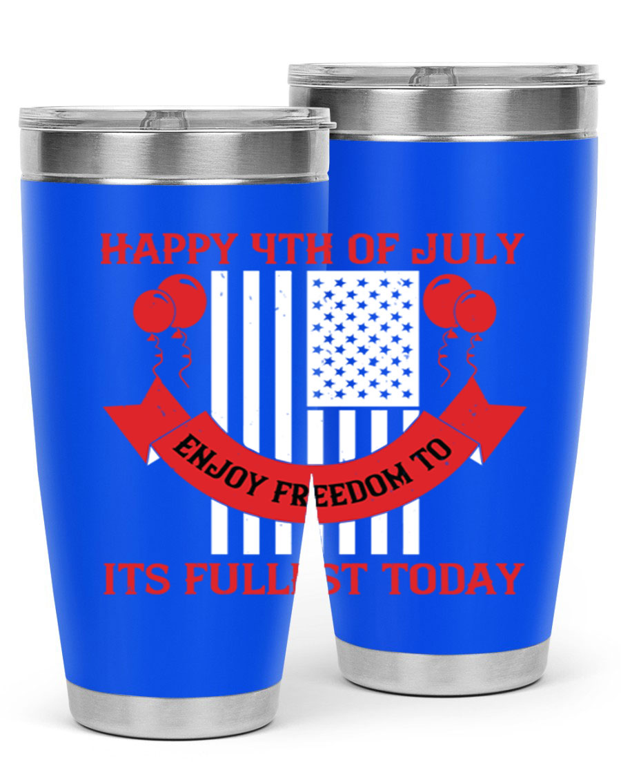 Happy 4th of July tumblers in 20oz and 30oz sizes, showcasing double wall vacuum stainless steel design with patriotic prints.