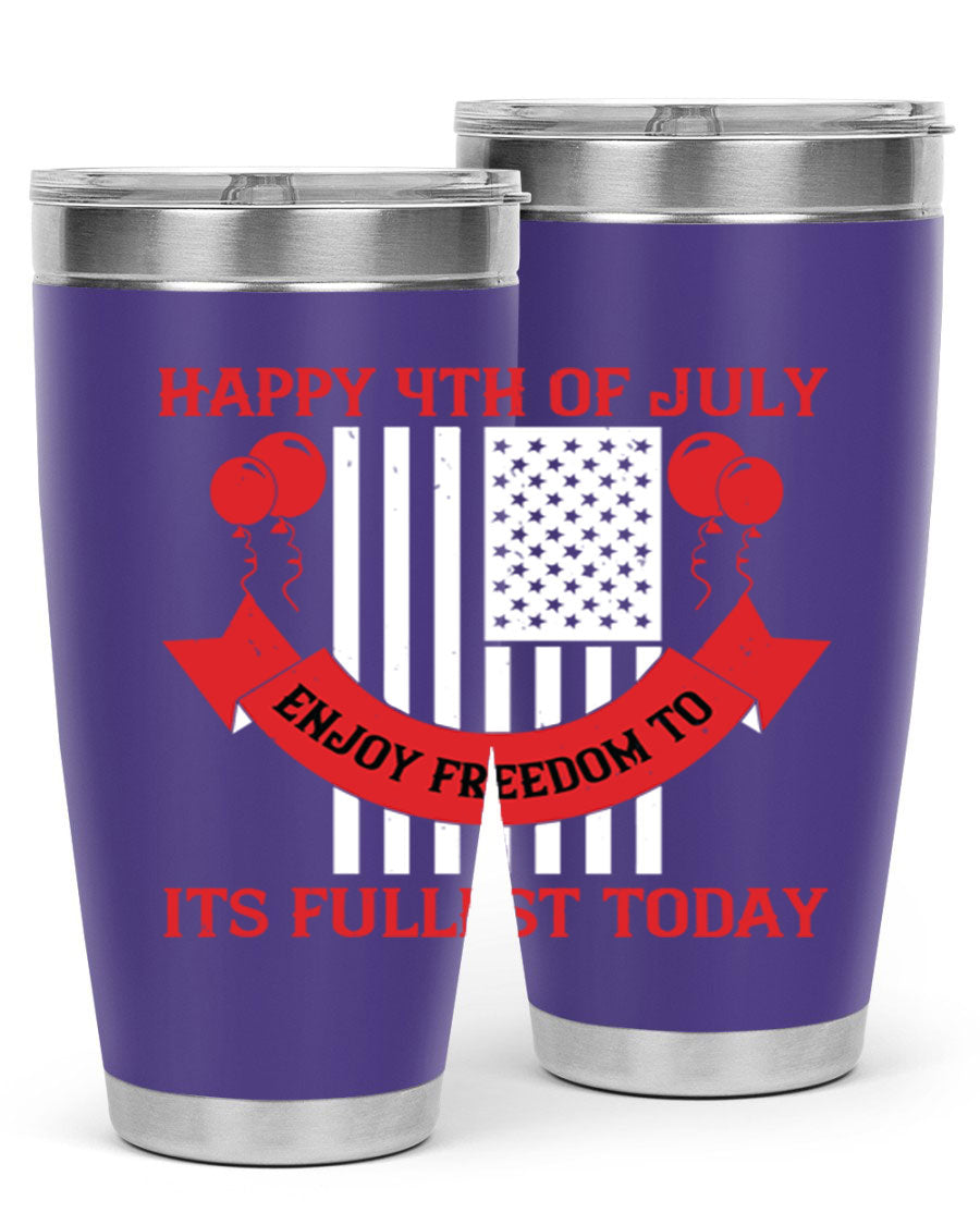Happy 4th of July tumblers in 20oz and 30oz sizes, showcasing double wall vacuum stainless steel design with patriotic prints.