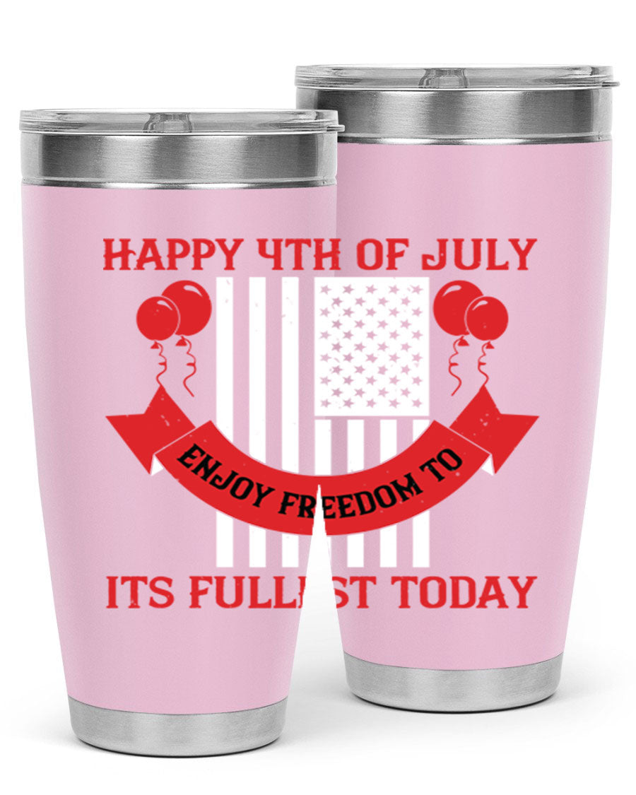 Happy 4th of July tumblers in 20oz and 30oz sizes, showcasing double wall vacuum stainless steel design with patriotic prints.