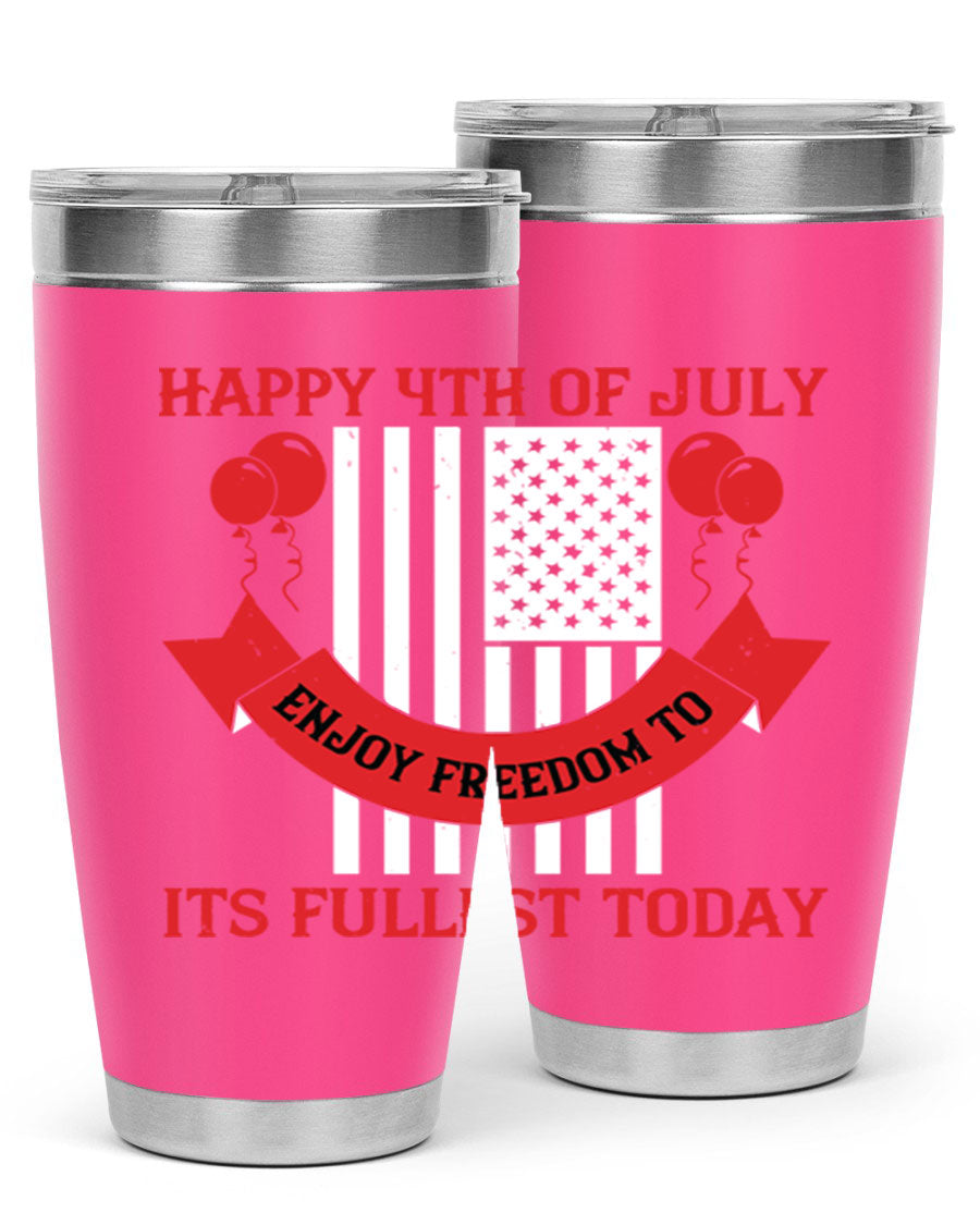 Happy 4th of July tumblers in 20oz and 30oz sizes, showcasing double wall vacuum stainless steel design with patriotic prints.
