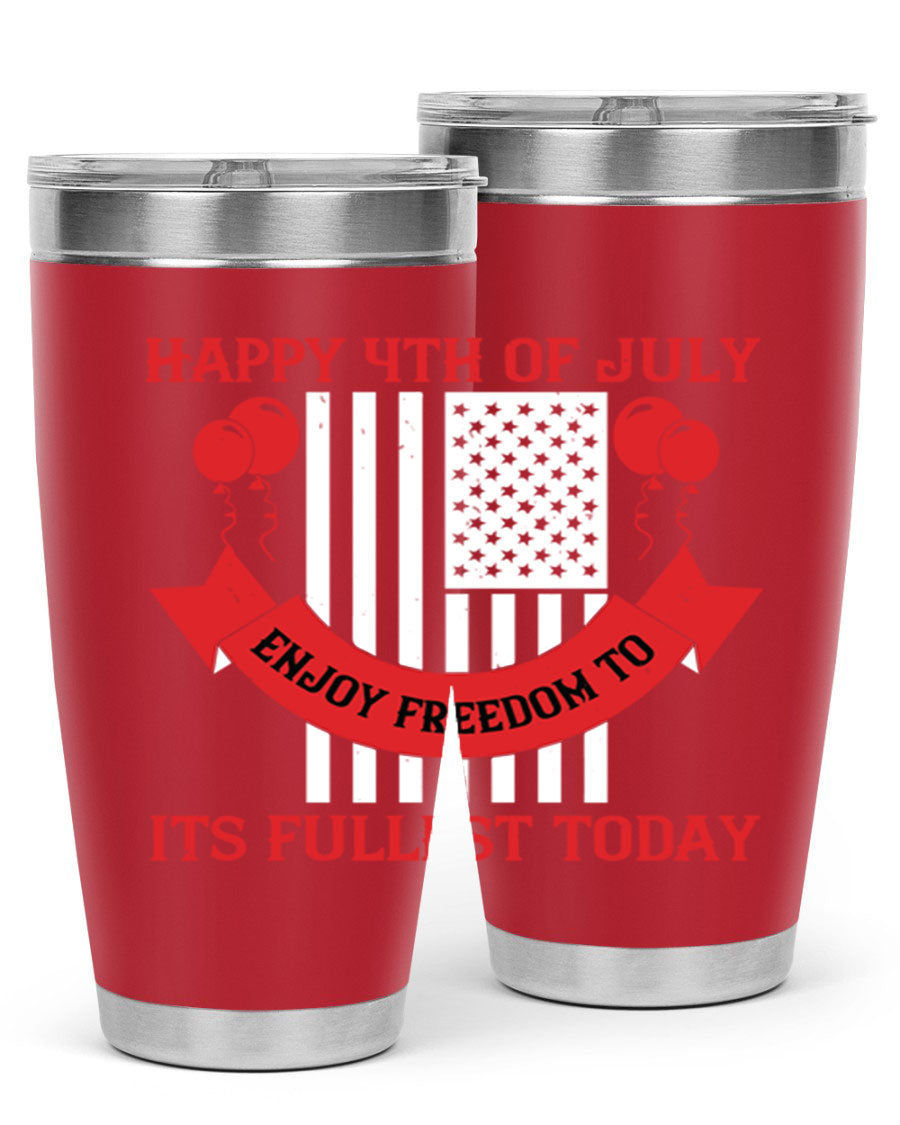 Happy 4th of July tumblers in 20oz and 30oz sizes, showcasing double wall vacuum stainless steel design with patriotic prints.