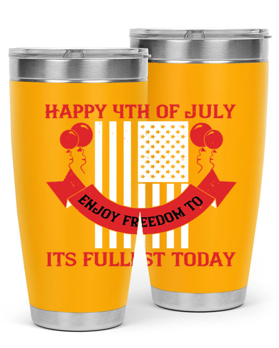 Happy 4th of July tumblers in 20oz and 30oz sizes, showcasing double wall vacuum stainless steel design with patriotic prints.
