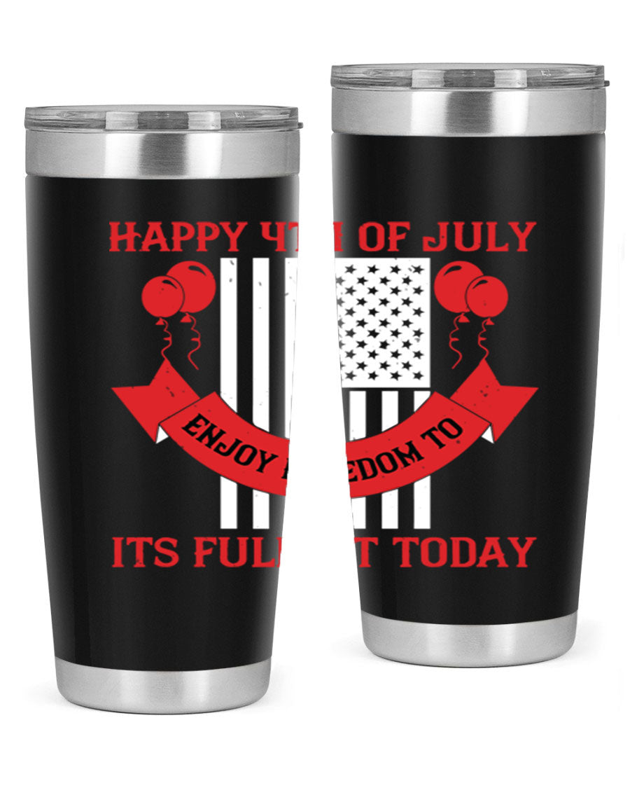 Happy 4th of July tumblers in 20oz and 30oz sizes, showcasing double wall vacuum stainless steel design with patriotic prints.