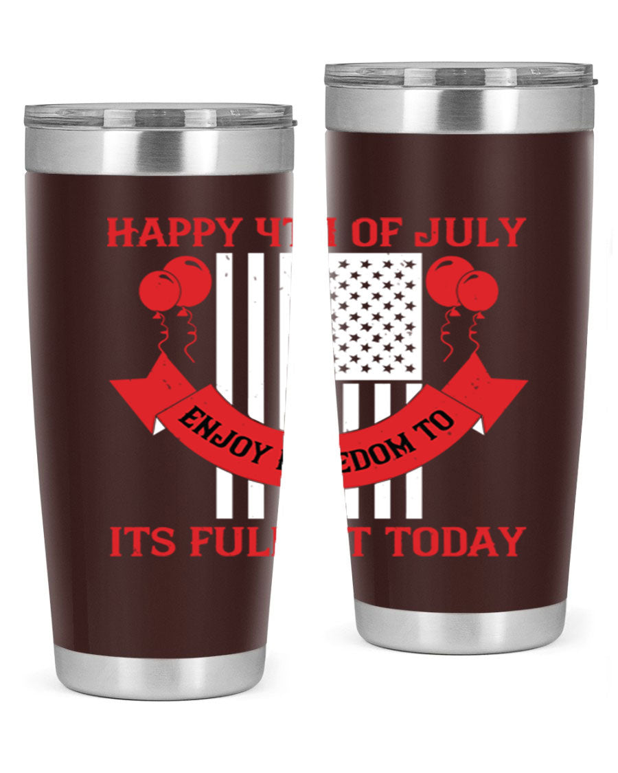 Happy 4th of July tumblers in 20oz and 30oz sizes, showcasing double wall vacuum stainless steel design with patriotic prints.