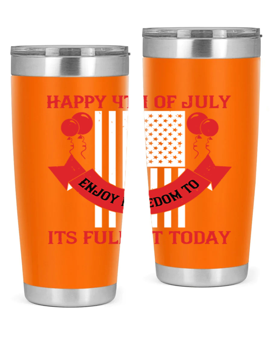 Happy 4th of July tumblers in 20oz and 30oz sizes, showcasing double wall vacuum stainless steel design with patriotic prints.