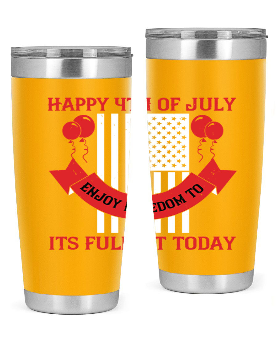 Happy 4th of July tumblers in 20oz and 30oz sizes, showcasing double wall vacuum stainless steel design with patriotic prints.
