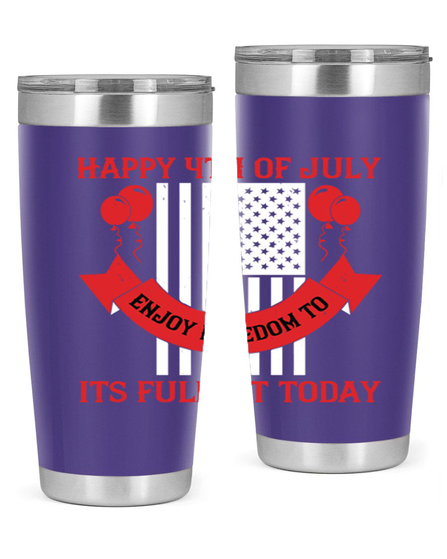 Happy 4th of July tumblers in 20oz and 30oz sizes, showcasing double wall vacuum stainless steel design with patriotic prints.