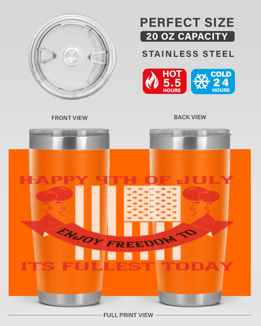 Happy 4th of July tumblers in 20oz and 30oz sizes, showcasing double wall vacuum stainless steel design with patriotic prints.