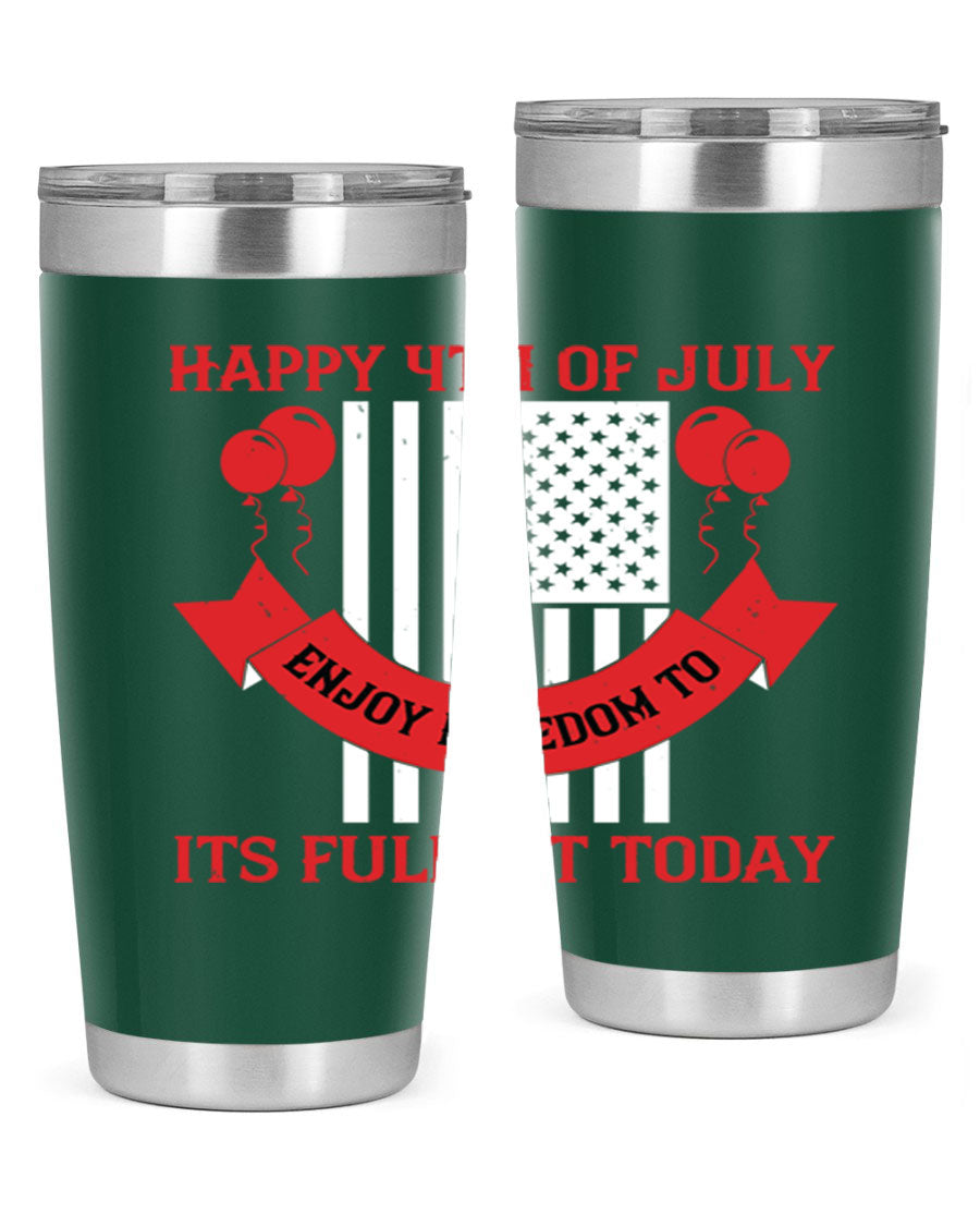 Happy 4th of July tumblers in 20oz and 30oz sizes, showcasing double wall vacuum stainless steel design with patriotic prints.