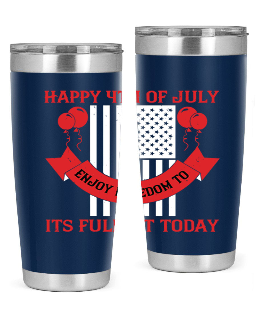 Happy 4th of July tumblers in 20oz and 30oz sizes, showcasing double wall vacuum stainless steel design with patriotic prints.