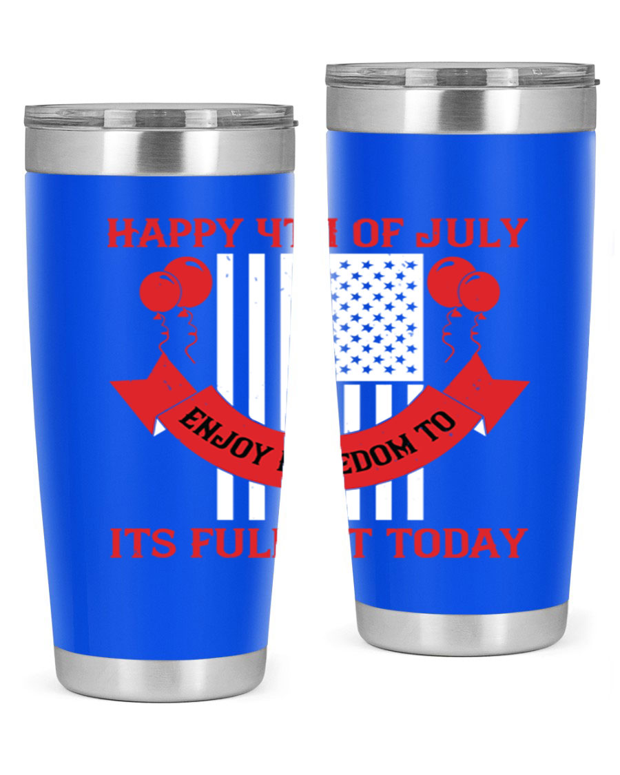 Happy 4th of July tumblers in 20oz and 30oz sizes, showcasing double wall vacuum stainless steel design with patriotic prints.
