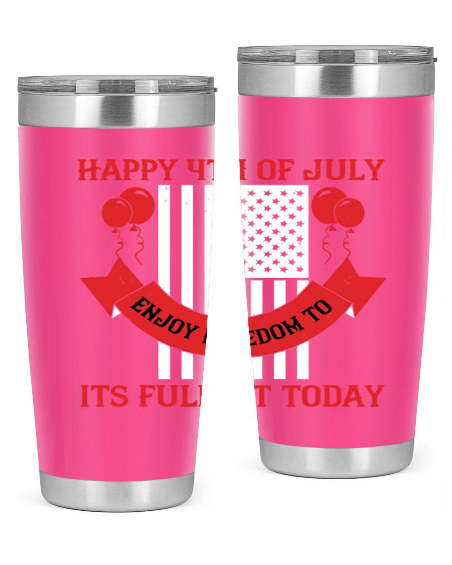 Happy 4th of July tumblers in 20oz and 30oz sizes, showcasing double wall vacuum stainless steel design with patriotic prints.