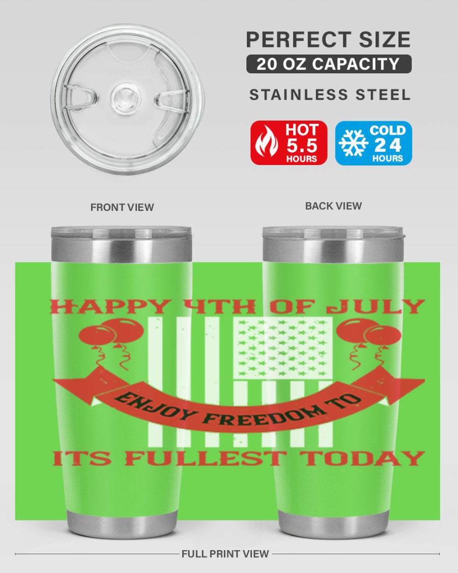Happy 4th of July tumblers in 20oz and 30oz sizes, showcasing double wall vacuum stainless steel design with patriotic prints.