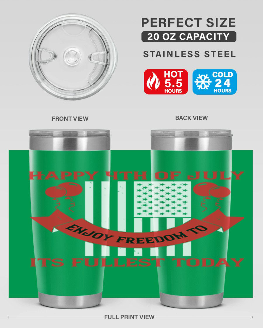 Happy 4th of July tumblers in 20oz and 30oz sizes, showcasing double wall vacuum stainless steel design with patriotic prints.