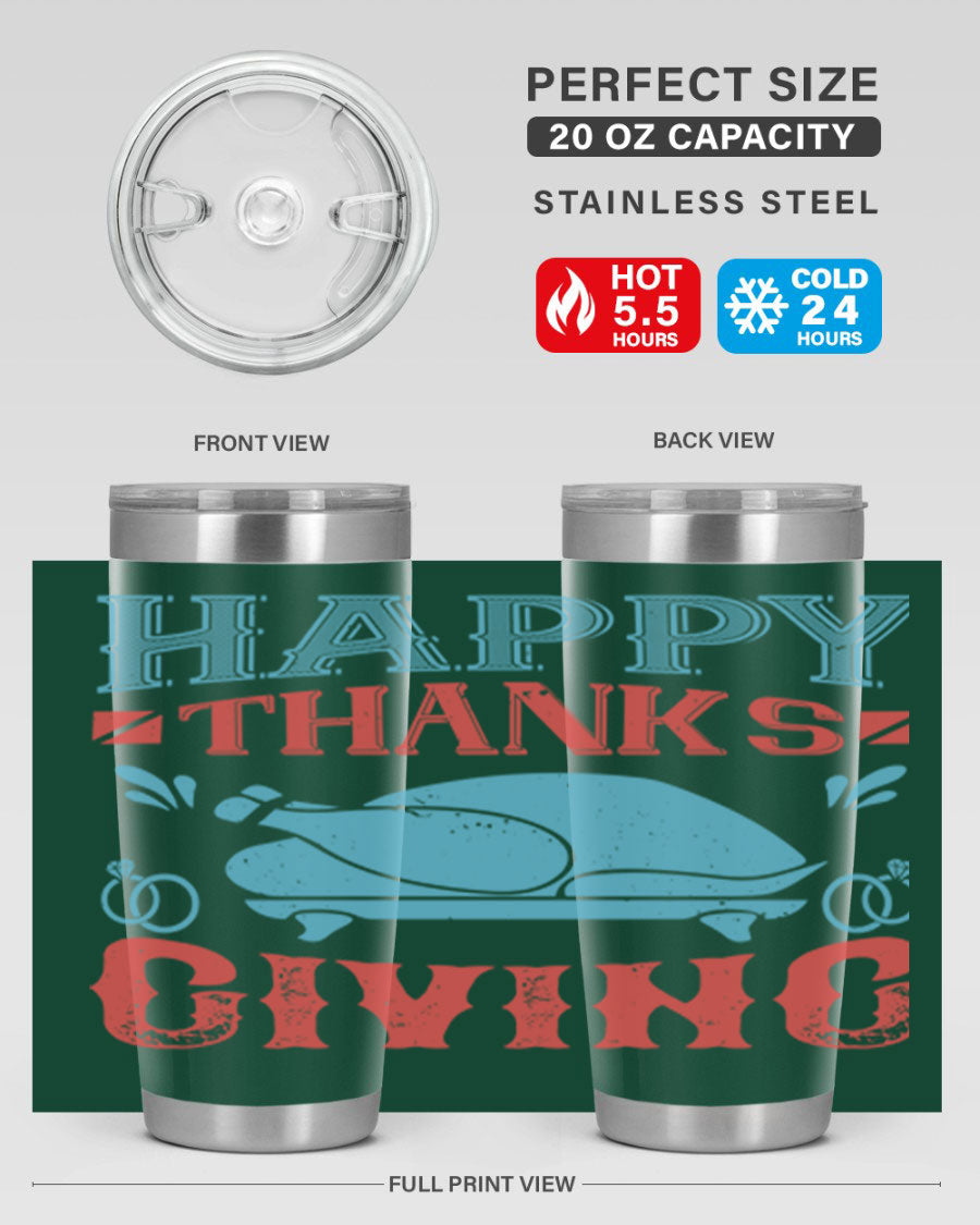 Happy Thanksgiving 20oz Tumbler featuring double wall vacuum insulation and a festive design, perfect for hot and cold beverages.