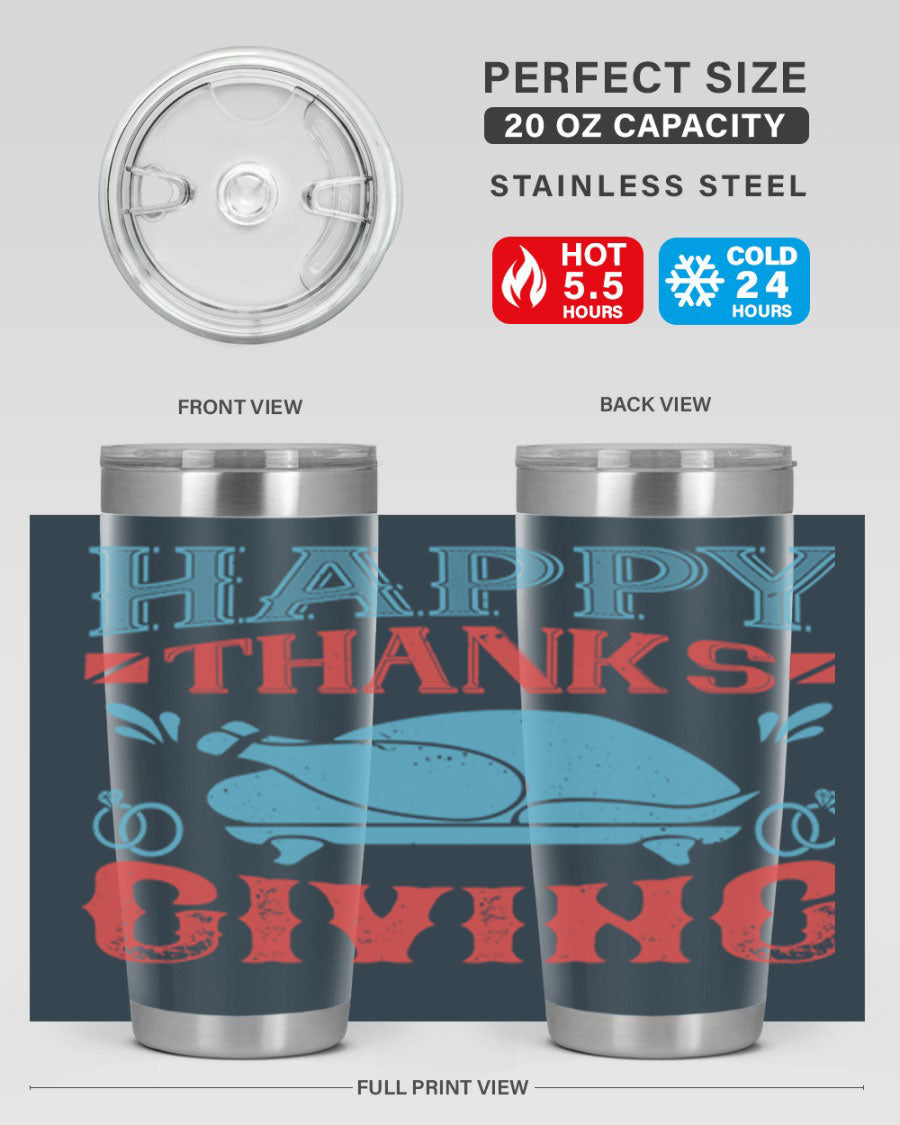 Happy Thanksgiving 20oz Tumbler featuring double wall vacuum insulation and a festive design, perfect for hot and cold beverages.