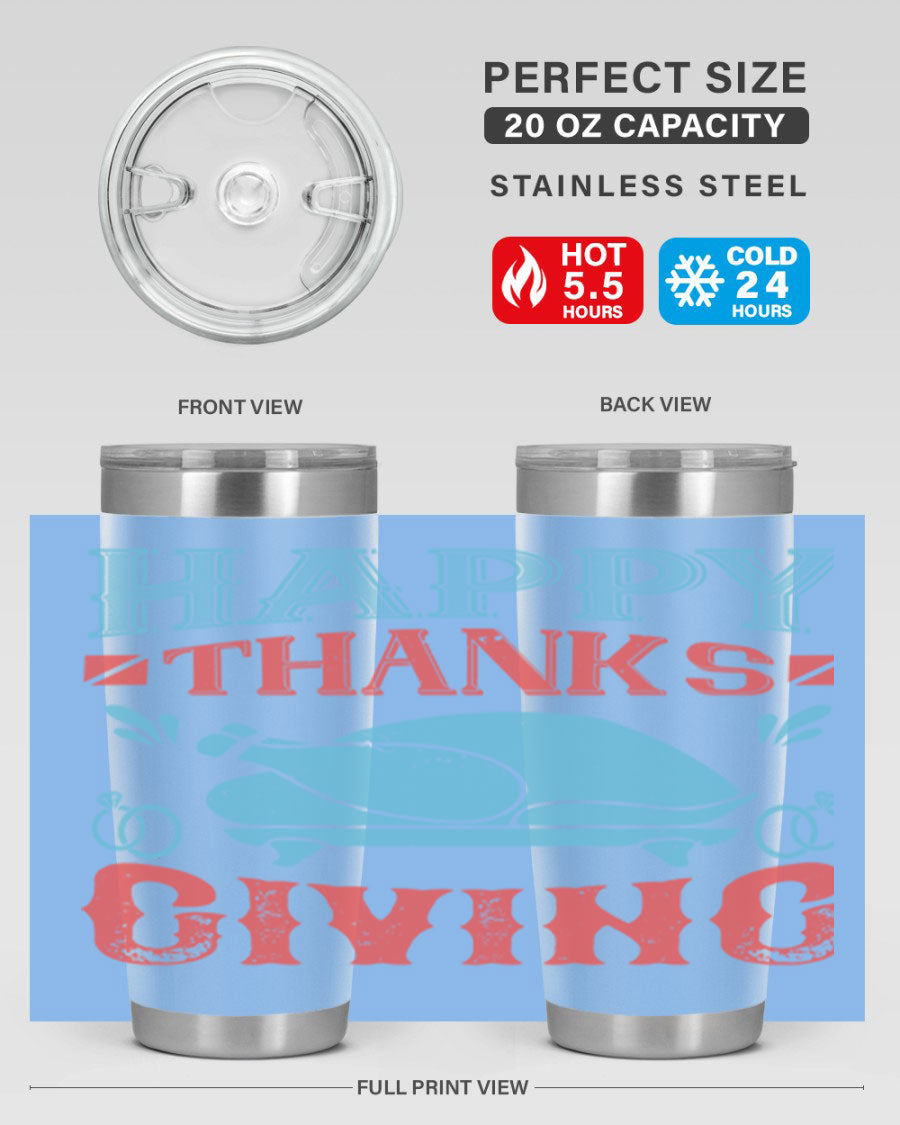 Happy Thanksgiving 20oz Tumbler featuring double wall vacuum insulation and a festive design, perfect for hot and cold beverages.