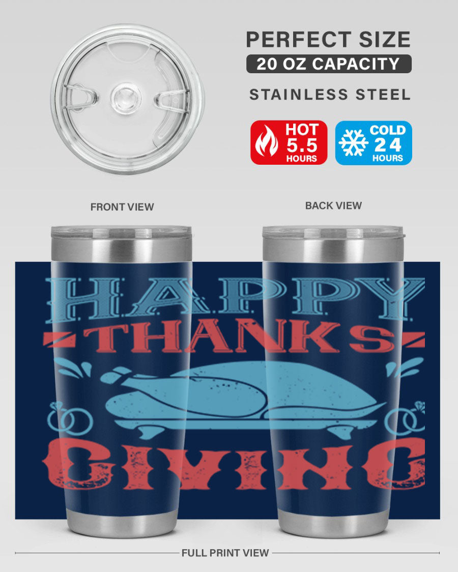 Happy Thanksgiving 20oz Tumbler featuring double wall vacuum insulation and a festive design, perfect for hot and cold beverages.