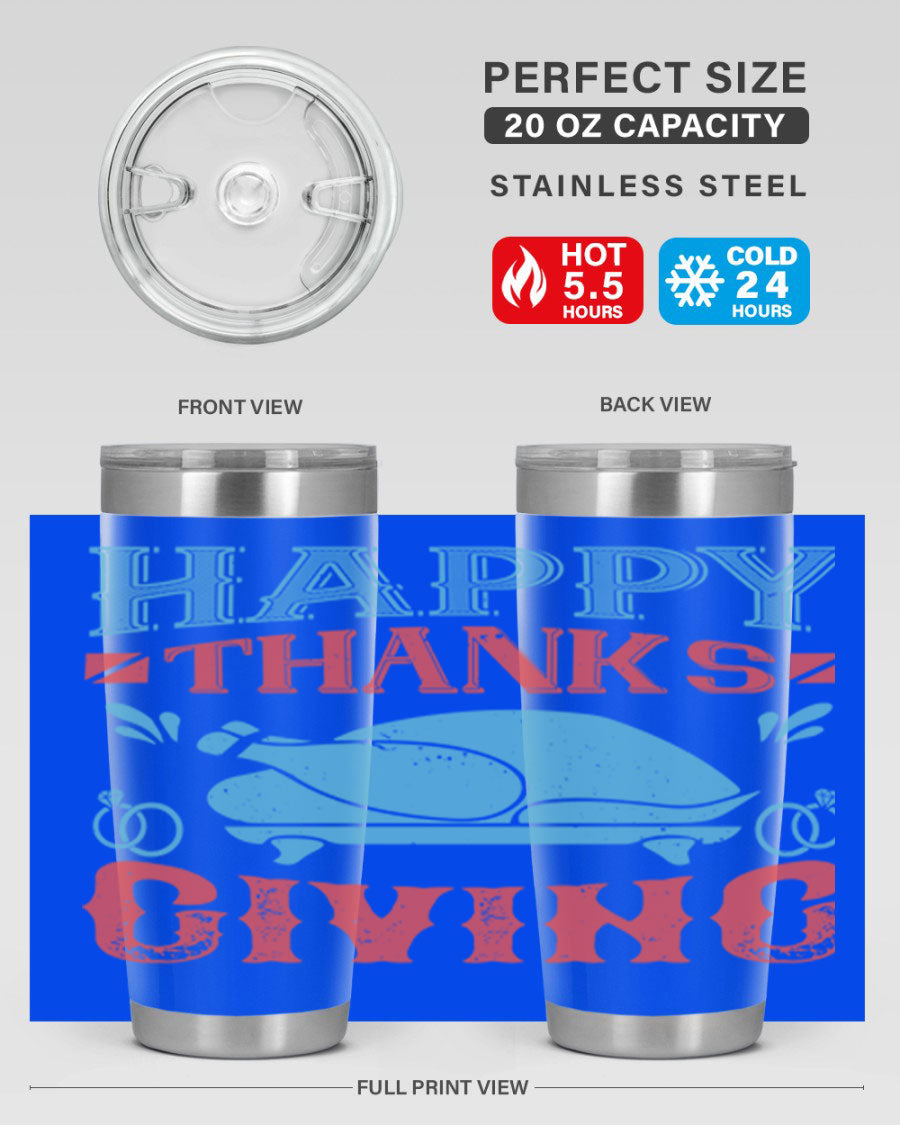 Happy Thanksgiving 20oz Tumbler featuring double wall vacuum insulation and a festive design, perfect for hot and cold beverages.