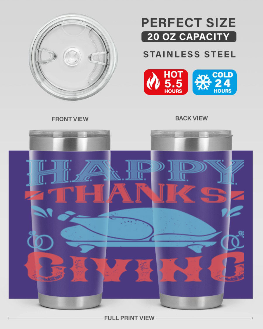 Happy Thanksgiving 20oz Tumbler featuring double wall vacuum insulation and a festive design, perfect for hot and cold beverages.