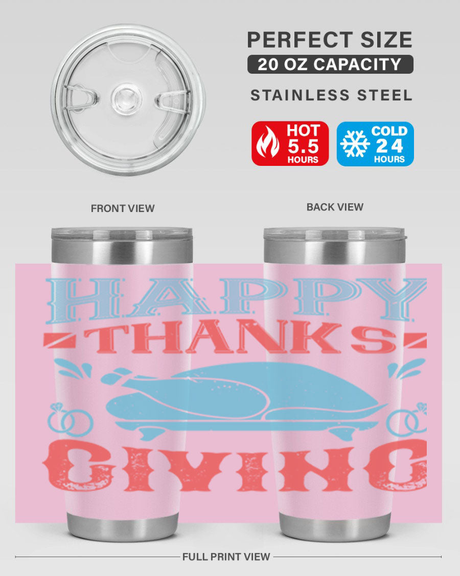 Happy Thanksgiving 20oz Tumbler featuring double wall vacuum insulation and a festive design, perfect for hot and cold beverages.