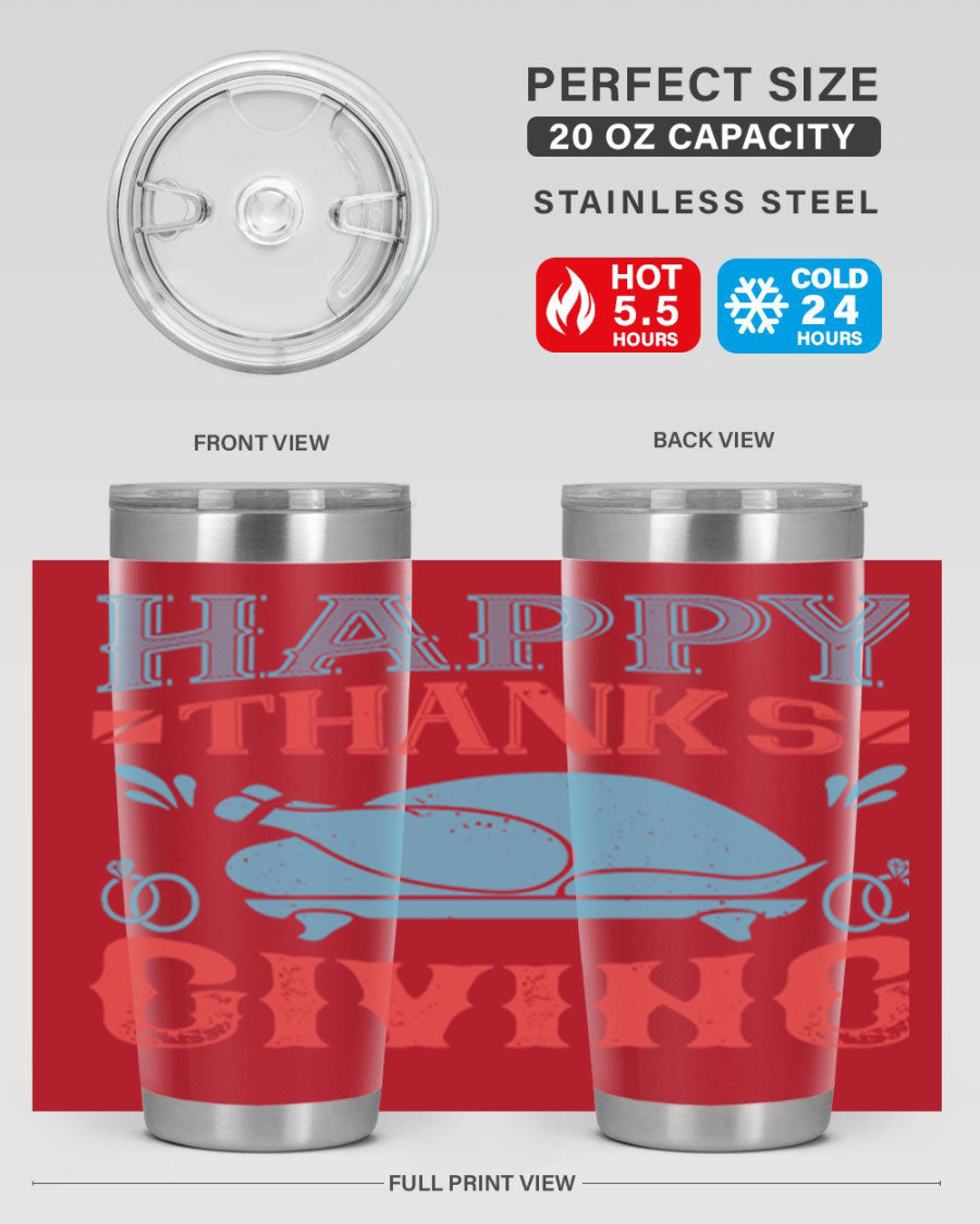 Happy Thanksgiving 20oz Tumbler featuring double wall vacuum insulation and a festive design, perfect for hot and cold beverages.