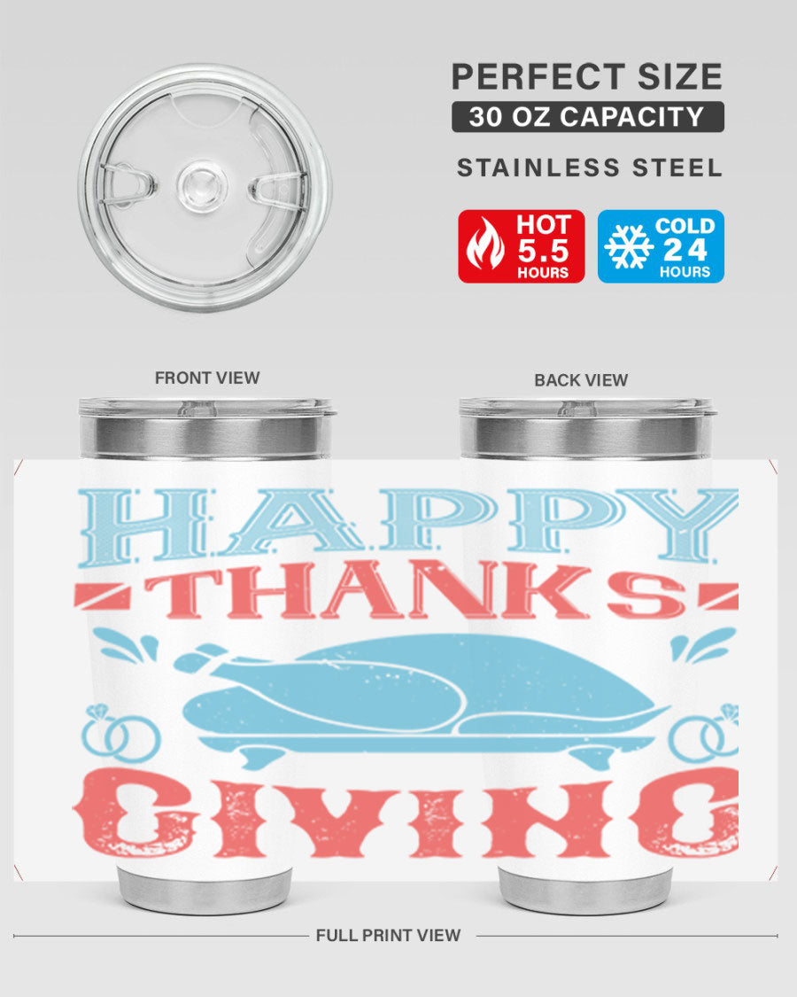 Happy Thanksgiving 20oz Tumbler featuring double wall vacuum insulation and a festive design, perfect for hot and cold beverages.