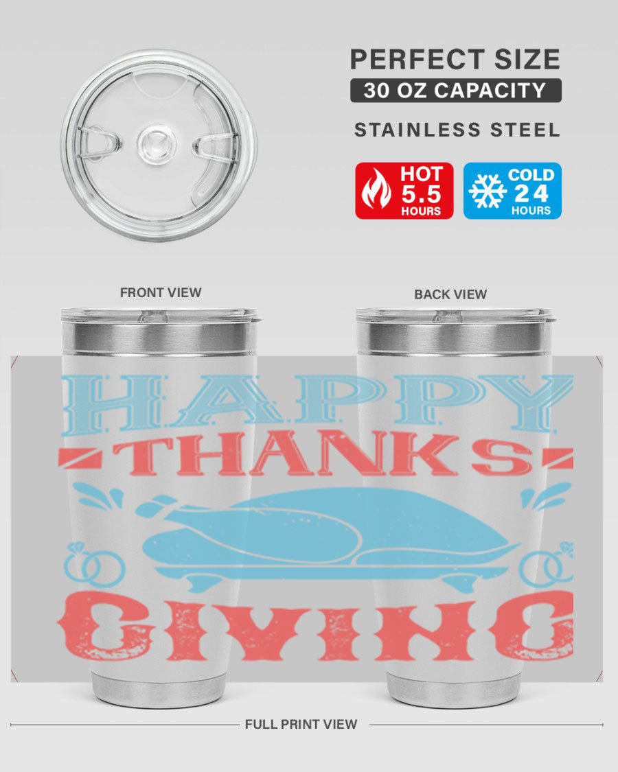 Happy Thanksgiving 20oz Tumbler featuring double wall vacuum insulation and a festive design, perfect for hot and cold beverages.