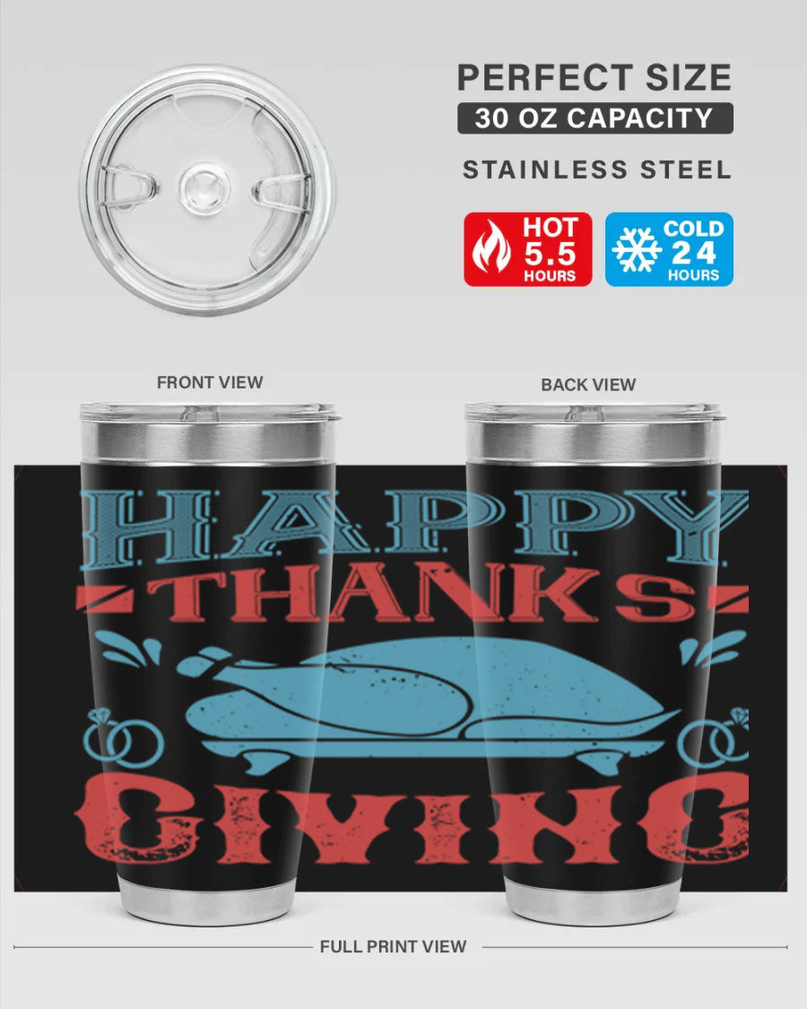 Happy Thanksgiving 20oz Tumbler featuring double wall vacuum insulation and a festive design, perfect for hot and cold beverages.
