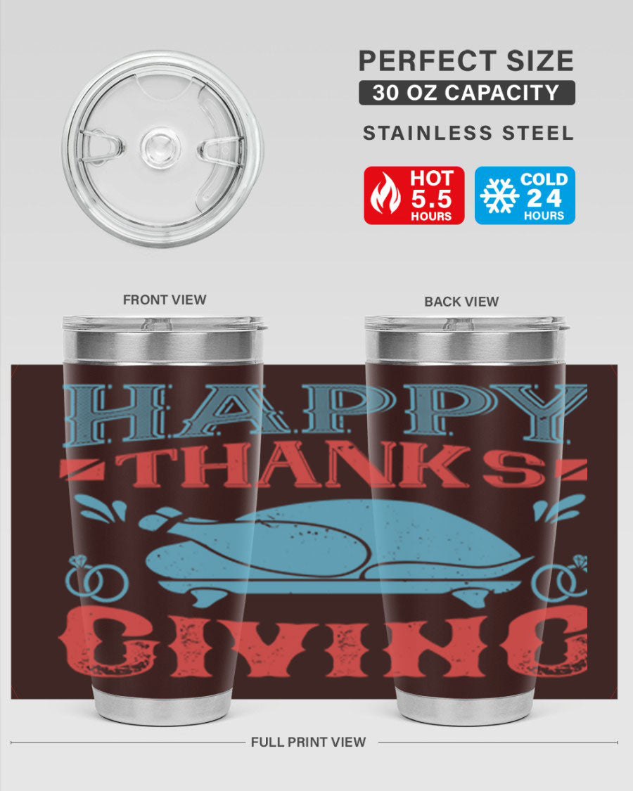 Happy Thanksgiving 20oz Tumbler featuring double wall vacuum insulation and a festive design, perfect for hot and cold beverages.