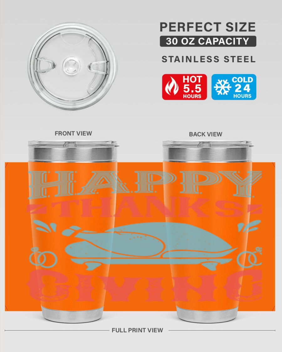 Happy Thanksgiving 20oz Tumbler featuring double wall vacuum insulation and a festive design, perfect for hot and cold beverages.