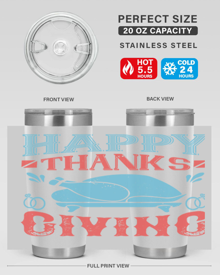 Happy Thanksgiving 20oz Tumbler featuring double wall vacuum insulation and a festive design, perfect for hot and cold beverages.