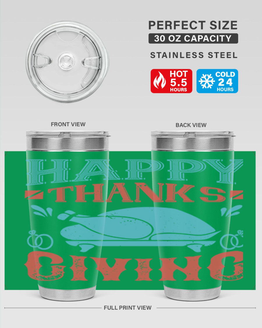 Happy Thanksgiving 20oz Tumbler featuring double wall vacuum insulation and a festive design, perfect for hot and cold beverages.