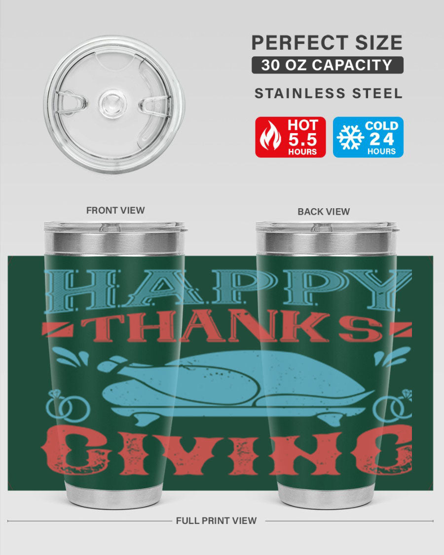 Happy Thanksgiving 20oz Tumbler featuring double wall vacuum insulation and a festive design, perfect for hot and cold beverages.