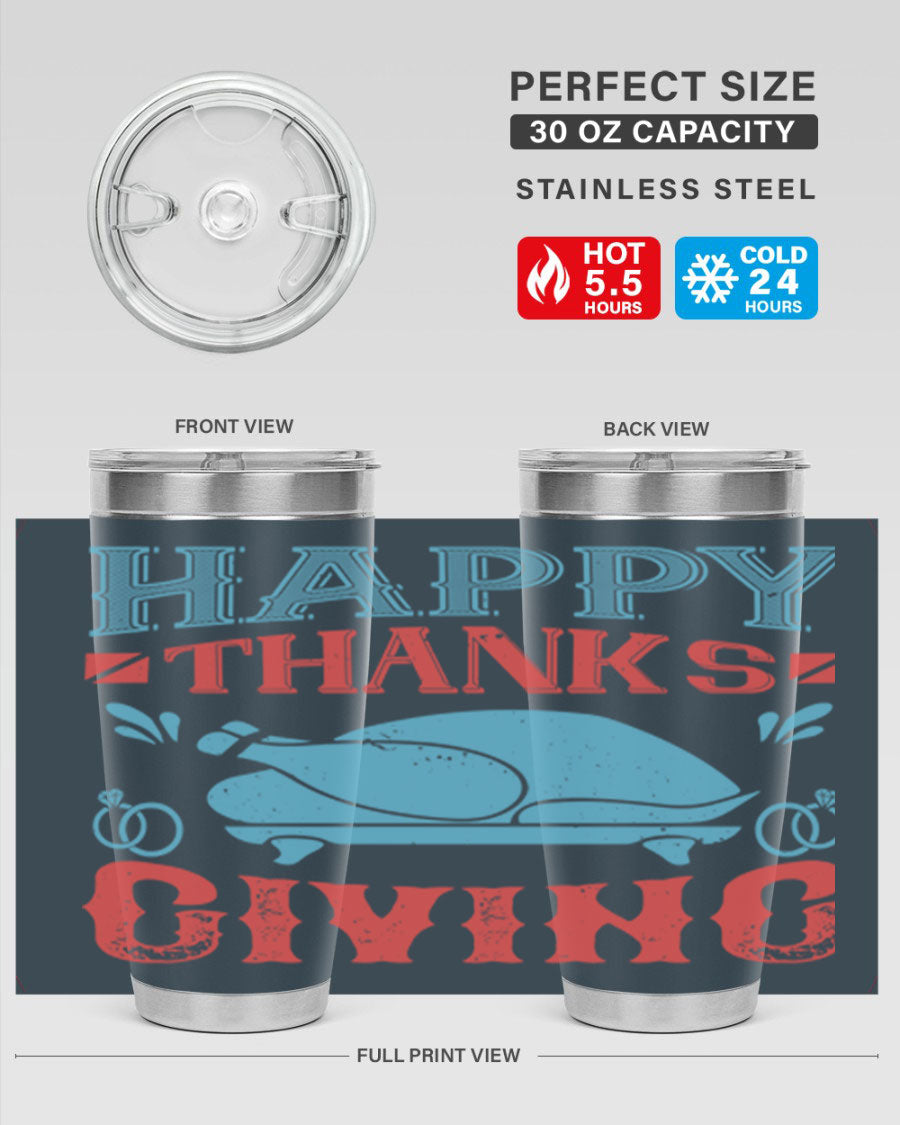 Happy Thanksgiving 20oz Tumbler featuring double wall vacuum insulation and a festive design, perfect for hot and cold beverages.