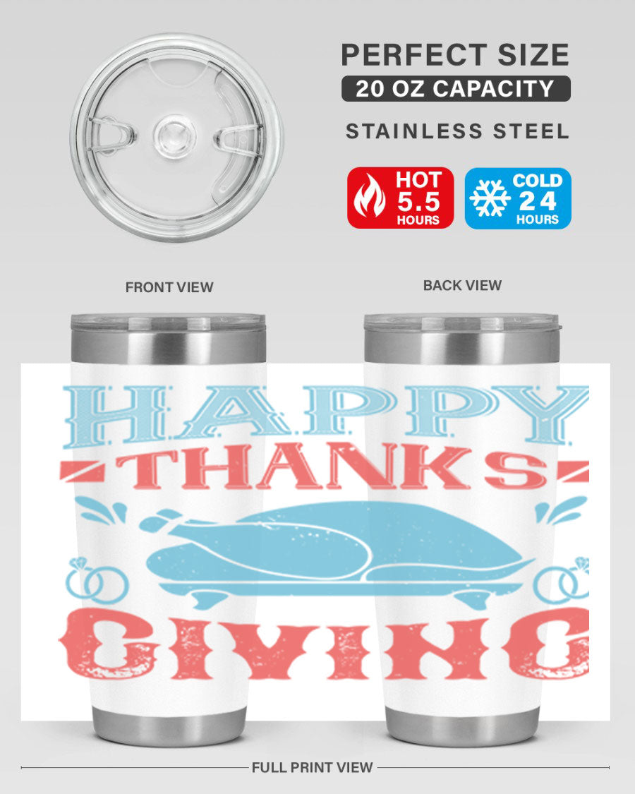 Happy Thanksgiving 20oz Tumbler featuring double wall vacuum insulation and a festive design, perfect for hot and cold beverages.
