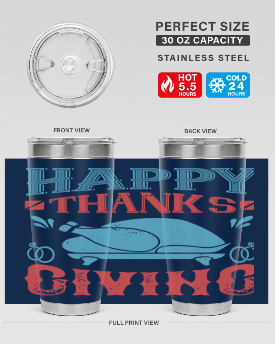 Happy Thanksgiving 20oz Tumbler featuring double wall vacuum insulation and a festive design, perfect for hot and cold beverages.