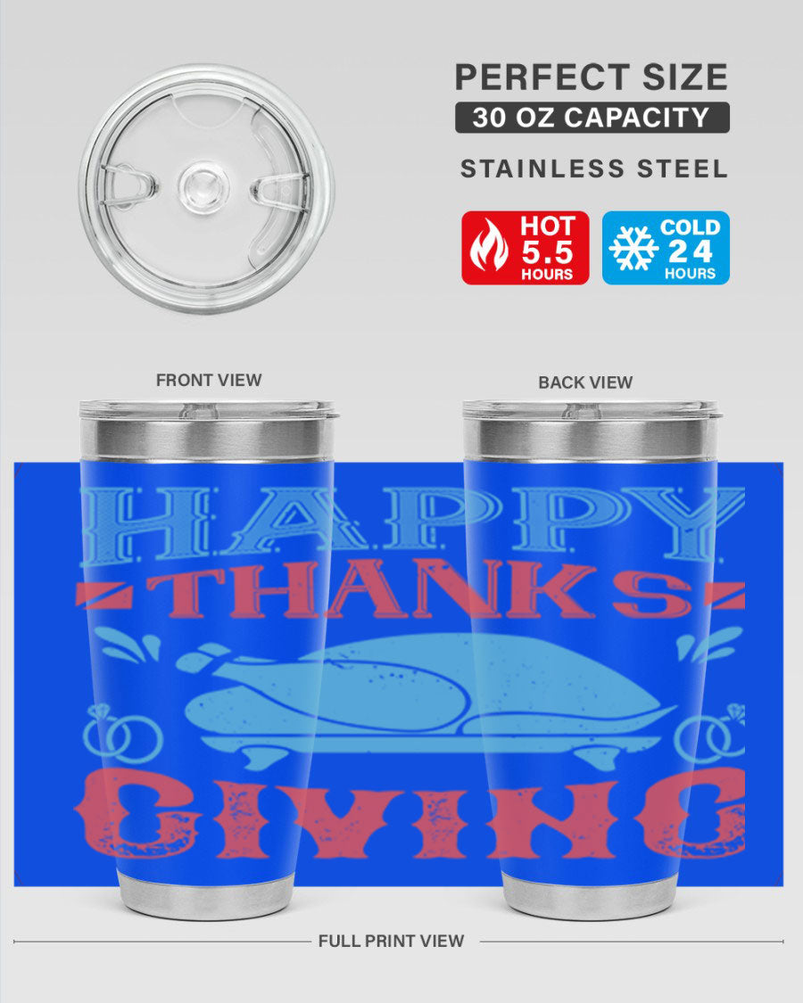 Happy Thanksgiving 20oz Tumbler featuring double wall vacuum insulation and a festive design, perfect for hot and cold beverages.