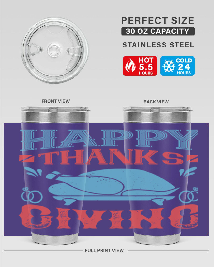 Happy Thanksgiving 20oz Tumbler featuring double wall vacuum insulation and a festive design, perfect for hot and cold beverages.
