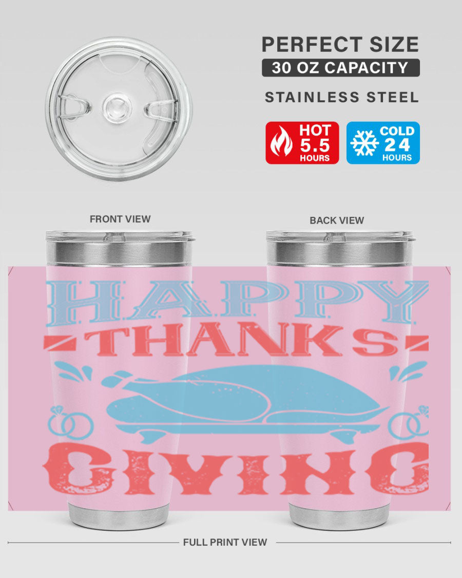 Happy Thanksgiving 20oz Tumbler featuring double wall vacuum insulation and a festive design, perfect for hot and cold beverages.