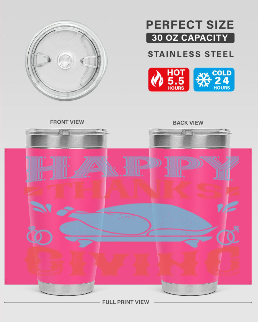 Happy Thanksgiving 20oz Tumbler featuring double wall vacuum insulation and a festive design, perfect for hot and cold beverages.