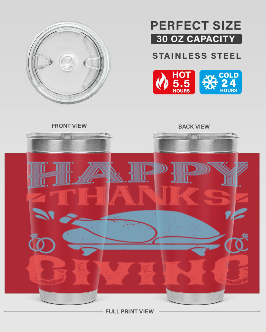 Happy Thanksgiving 20oz Tumbler featuring double wall vacuum insulation and a festive design, perfect for hot and cold beverages.