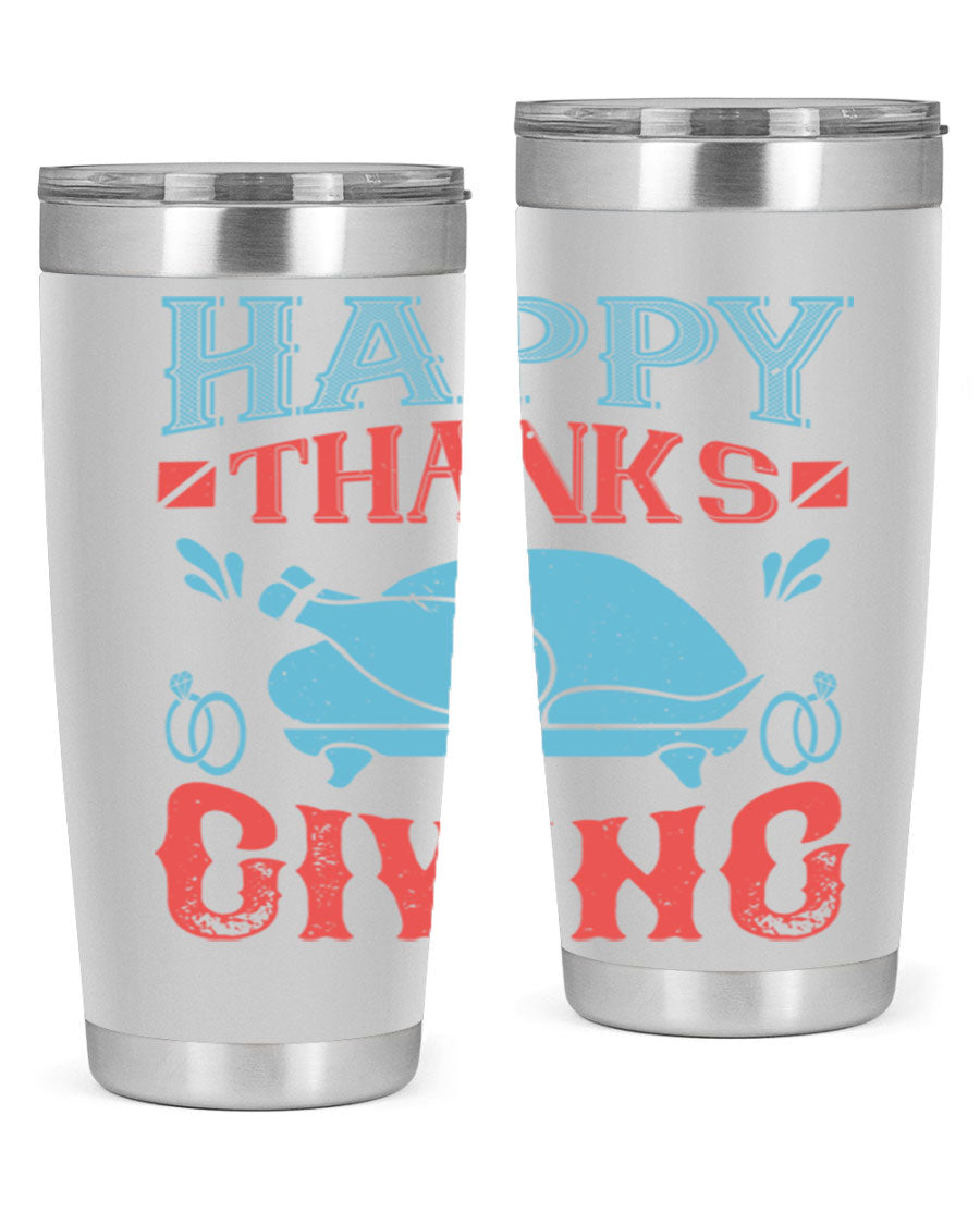 Happy Thanksgiving 20oz Tumbler featuring double wall vacuum insulation and a festive design, perfect for hot and cold beverages.